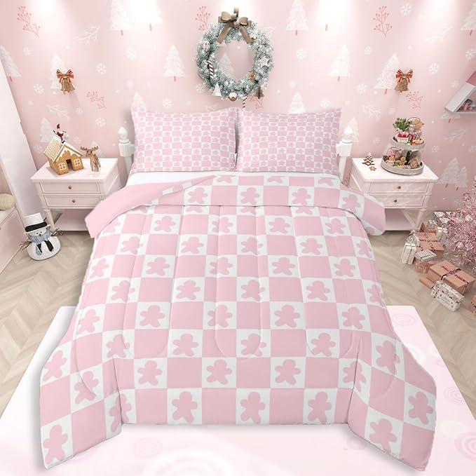 Feelyou Christmas Bedding Set Soft for Boys Girls,Checkered Comforter Set Toddler Gingerbread Man Duvet Quilt Microfiber Xmas Decorations Bedroom Decor Pink 2 Pcs with 1 Pillow Cases Soft Lightweight