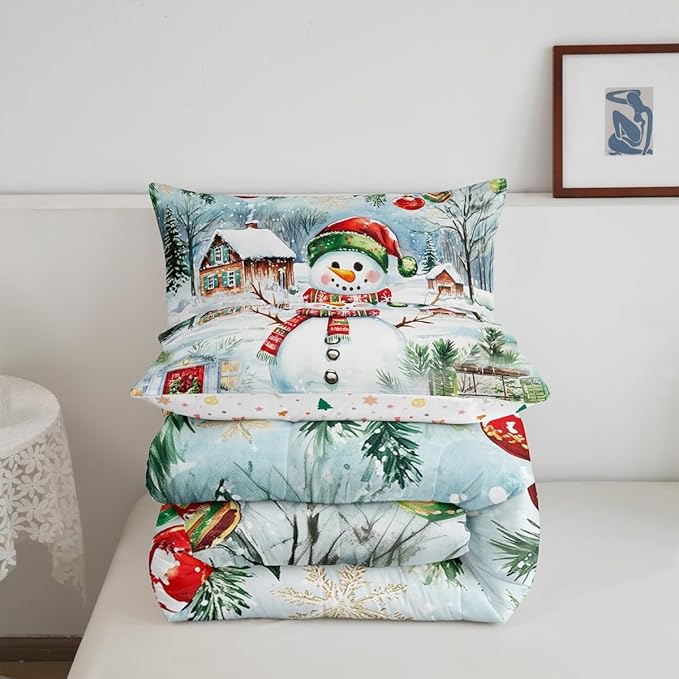 Castle Fairy Merry Christmas Comforter Set Twin Size,Watercolor Cute Snowman Pine Trees Bedding Set for Kids Boys Men,Xmas Cartoon Decor Natural Quilted Duvet Set with 1 Pillowcase