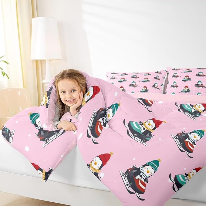 Feelyou Christmas Kids Comforter Set Toddler Size Pink Penguin Bedding Set Cartoon Penguin Skiing Duvet Quilt for Kids Boys Girls Bedroom Snowflake Decor Microfiber Ultra Soft Breathable