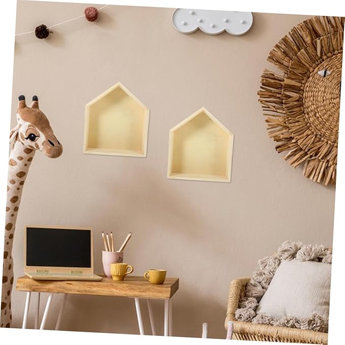 2pcs Wooden House-Shaped Floating Wall Shelf Solid Wood Storage Rack for Bedroom Living Office Decorative Display for Figures Picture Frames