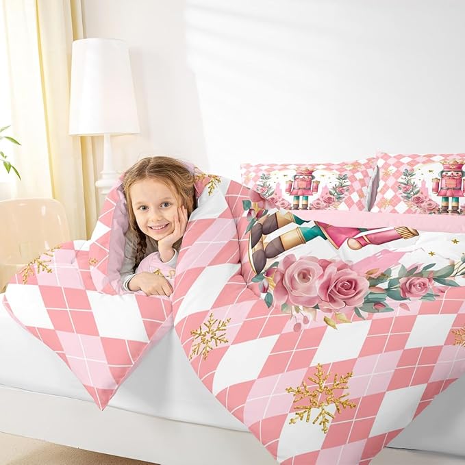 Feelyou Christmas Comforter Set Full Size Pink Nutcrackers Bedding Set for Kids Boys Girls Rhombus Pattern Duvet Quilt Floral Bedroom Decor Snowflake Microfiber 3 Pcs with 2 Pillow Cases