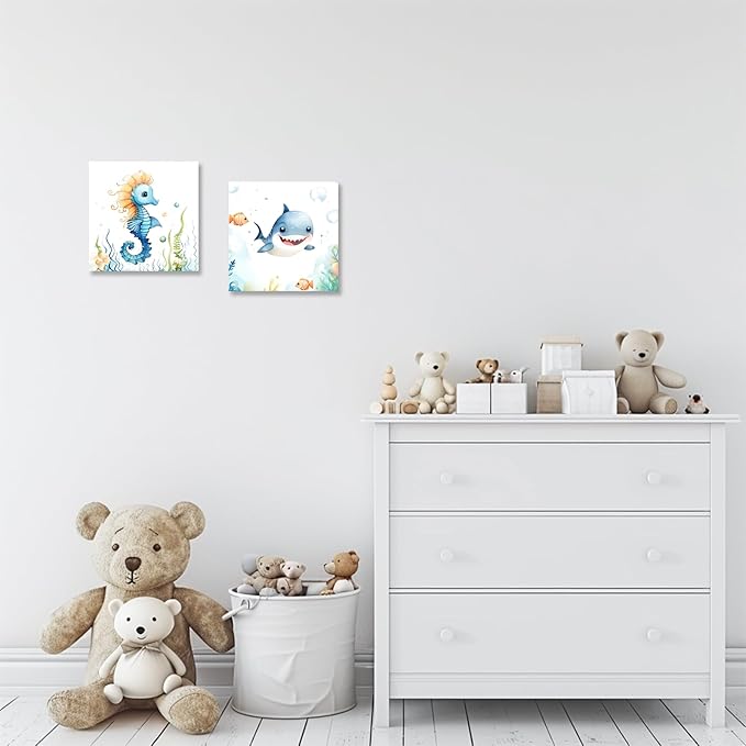 2 Piece Ocean Sea Canvas Wall Art for Nursery Decor - Cute Baby Seahorse Shark Underwater Paintings Pictures Ocean Theme Sea Life Posters Prints for Kids Room Bathroom Decor(Artwork-02, 24"x24"x2P)