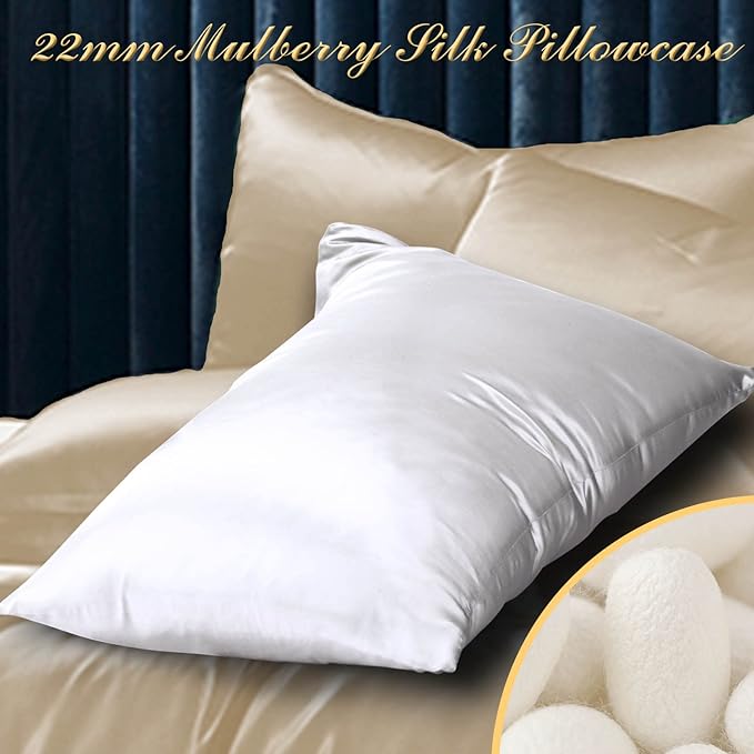 100% Mulberry Silk Pillowcase 2 Pack for Hair and Skin,with Hidden Zipper,Both Sides 22 Momme Natural Silk Pillow Cover,Soft Breathable & Smooth (White, King)