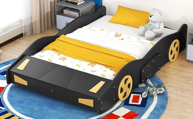 Harper & Bright Designs Full Size Race Car-Shaped Platform Bed with Wheels and Storage, Black+Yellow