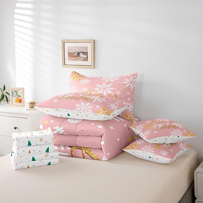 Feelyou Christmas Bed Set Snowflakes Bed in a Bag for Kids Girls Boys Pink Bedding Set Queen Size Glitter Star Comforter Set with Sheets Lightweight Room Decor