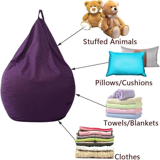 Stuffed Animal Storage Bean Bag Cover (No Filler) Extra Soft Beanbag Seat Chair Covers-Cotton Linen Memory Foam Beanbag Replacement Cover for Adults Children without Filling