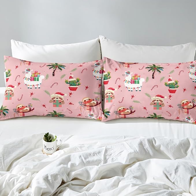 Manfei New Year Duvet Cover Set King Size, Cute Xmas Sloth Alpaca Print Bedding Set 3pcs for Kids Boys Girls Bedroom Decor, Christmas Theme Comforter Cover with 2 Pillowcases,No Comforter