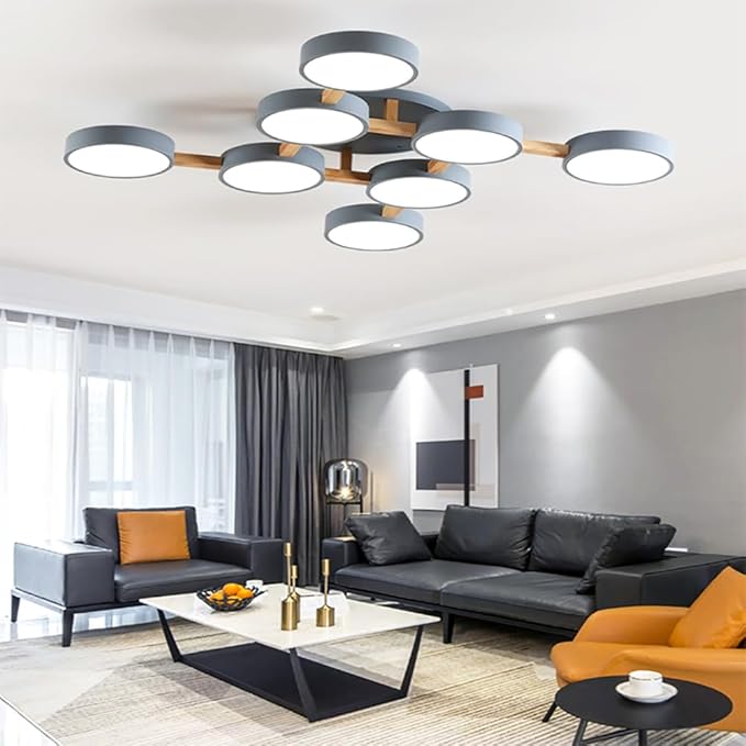 LED Flush Mount Ceiling Light Fixture with 3000K/4000K/6000K Temperatures Selectable,44Inch 96W Chandelier Modern Wood Ceiling Lamp for Bedroom Kitchen, 8-Lights Indoor Lighting Grey Pendant Light