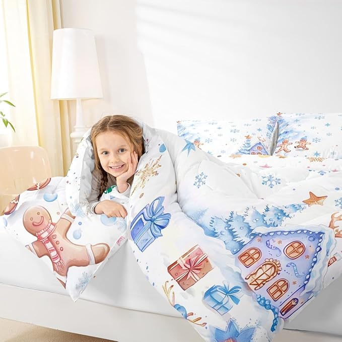 jejeloiu Kids Christmas Theme Comforter Set Full Size Blue Xmas Gingerbread Man Bedding Set for Boys Girls Teens Candy House Snowflake Winter Happy New Year Duvet Quilt Room Decor