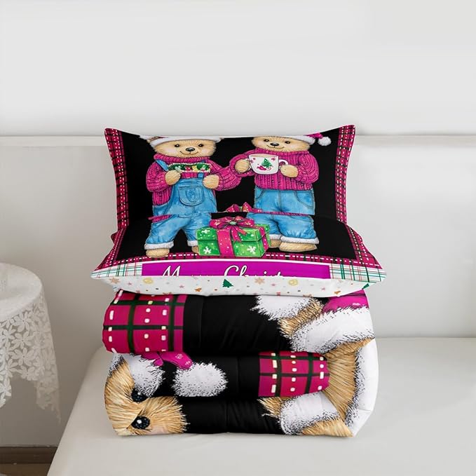 Feelyou Merry Christmas Kids Comforter Set Full Size Cute Bear Bedding Set Duvet Quilt for Kids Boys Girls Bedroom Winter Decor Microfiber Ultra Soft Breathable