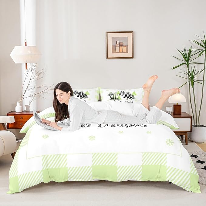 Manfei Xmas Trees Duvet Cover Set Queen Size, Green Plaid Grid Snowflake Bedding Set for Kids Girls Bedroom Decor, Christmas Theme Comforter Cover New Year Quilt Cover with 2 Pillowcases, No Comforter