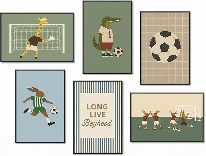 Soccer Posters, Nursery Animal Sports Posters, Long Live Boyhood Inspirational Quote Print, Football Athletes Giraffe Rabbit Crocodile Pictures, Boys Bedroom Sports Artwork 12x16in Framed