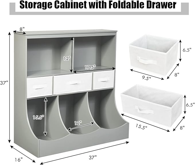 HONEY JOY Kids Toy Storage Organizer with Bookcase, 8-Cubby Organization Storage Cabinet w/Display Shelf & 3 Removable Fabric Bins, Wooden Toy Storage Unit for Playroom, Nursery Daycare(Gray)