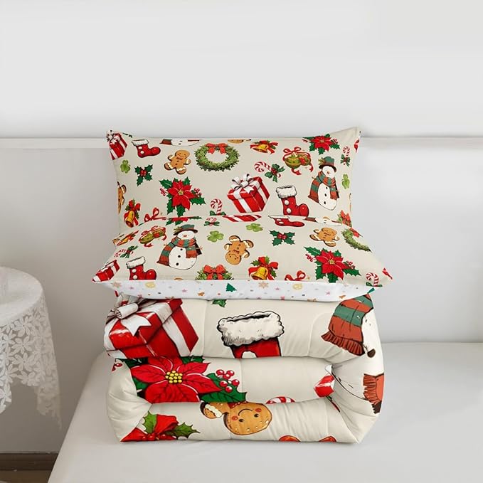 jejeloiu Merry Christmas Comforter Set Queen Size Cute Snowman Bedding Set for Kids Boys Girls Gingerbread Man Duvet Quilt Beige Bedroom Decor