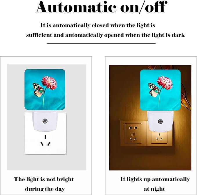 Butterfly Pink Flower Night Light,Plug-in Night Lights with Dusk-to-Dawn Sensor for Stairway,Hallway,Bedroom Sleep Friendly Ideal for Women/Girls/Boys Gift,0.5w