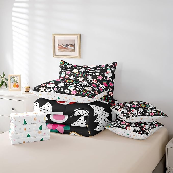 Christmas Kids Bedding Set Cartoon Snowman Gingerbread Man Comforter Set with Sheets for Boys Girls Christmas Tree Decor Bed in a Bag Pink Xmas Theme Black Bed Set 7Pcs Queen Size