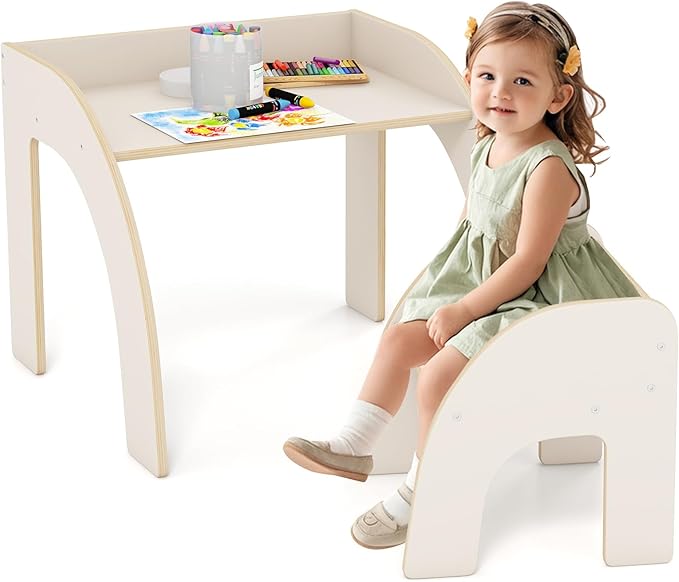 INFANS Kids Table and Chair Set, Wooden Activity Table for Toddlers Arts Crafts Drawing Reading Playing Building Block Drawing, Children Natural Furniture Set for Playroom Nursery