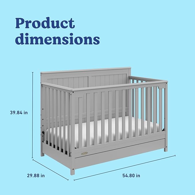 Graco Hadley 5-in-1 Convertible Crib with Drawer (Pebble Gray) – GREENGUARD Gold Certified, Crib with Drawer Combo, Full-Size Nursery Storage Drawer, Converts to Toddler Bed, Daybed