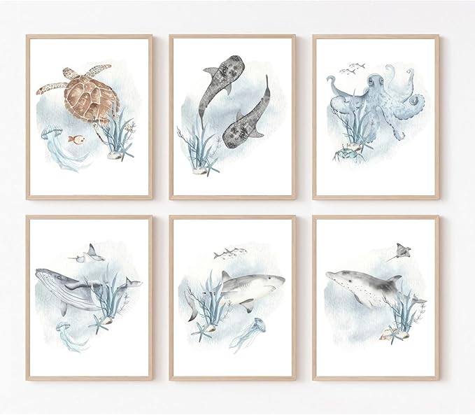 Wodkwq Nursery Wall Art Sea Animal Canvas Prints Baby Girl Boy Room Decor Watercolor Paintings Pictures Cute Ocean Theme Toddler Room Decoration Set of 6 for Kids Bedroom Bathroom 8x10in Unframed