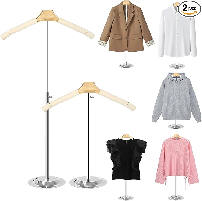 Eunika 2 Pack Adjustable T Shirt Display Flexible Shoulder Stand, Portable Metal Shirt Rack Display Stand Garment Coat Holder for Clothing Garment Coat Retail Vendor, Cloakroom,17-31 Inch,Beige