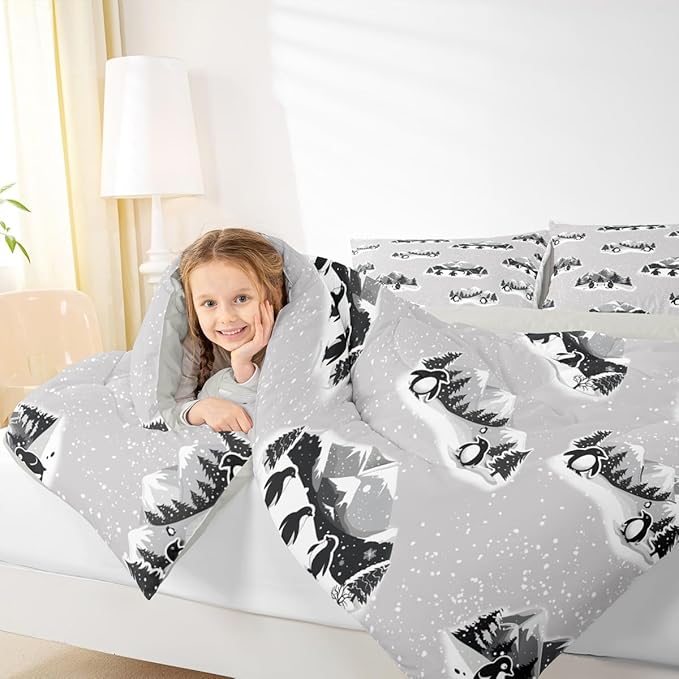 Feelyou Christmas Kids Comforter Set Twin Size Polar Penguin Bedding Set Snowflake Duvet Quilt for Kids Boys Girls Bedroom Winter Decor Microfiber Ultra Soft Breathable