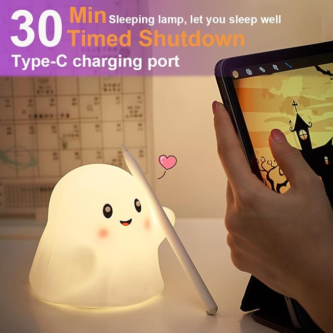 Ghost Night Light for Kids,Halloween Night Light with 13 Interactive Sound Effects ,Cute Silicone Light with 3 Levels of Brightness,Suitable for Indoor Halloween Decorations and Family (white ghost 1)