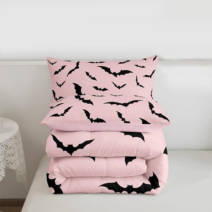 Erosebridal Pink Halloween Bedding Set Gothic Bats Comforter Set King Size,Spooky Halloween Decor Quilt for Kids Boys Girls Adults Black Pink Goth Themed Duvet Insert,Goth Horror Animal