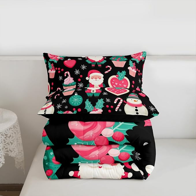 Feelyou Christmas Decor Comforter Set Full Size Pink Santa Claus Bedding Set for Kids Boys Girls New Year Gift Duvet Quilt Snowman Bedroom Decor Microfiber 3 Pcs with 2 Pillow Cases