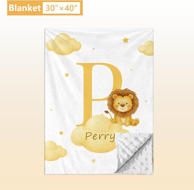 5 Piece Customized Crib Bedding Set for Boys & Girl- Custom Name Baby Crib Yellow Lion Nursery Bedding Set with Fitted Sheet, Soft Blanket, Rug, Personalized Gifts for Newborn Infant Toddler