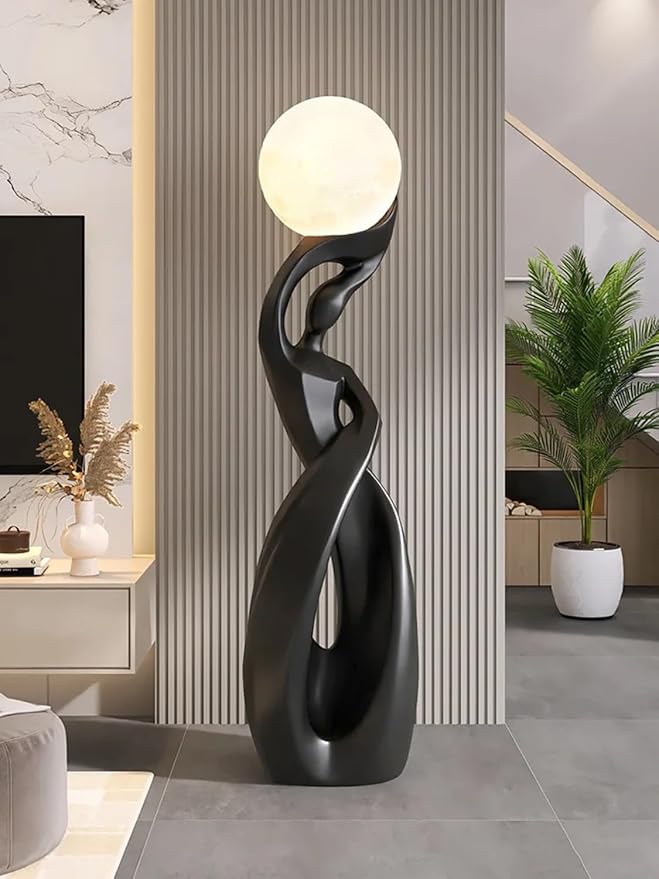 Bofea-Unique Moon Floor Lamp for Living Room,Modern Black Standing Lamps with 3D Printing Frosted Shade,Corner Art Deco Lamp,Creative Resin Tall Floor Lights for Living Room Bedroom.