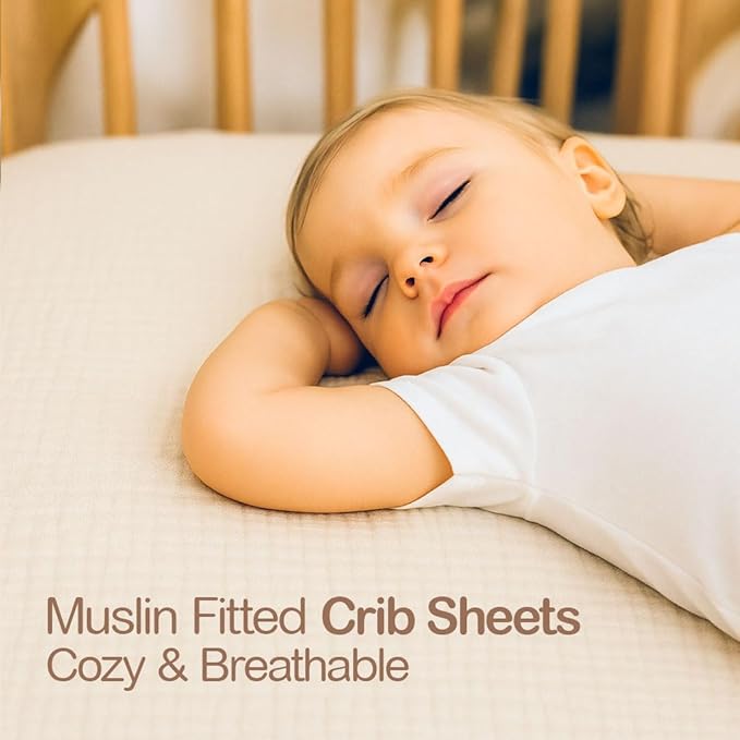 Mère & Moi Muslin Fitted Crib Sheets – 100% Cotton, Ultra-Soft & Breathable Baby Bedding for Standard Crib & Toddler Mattress (28” x 52”) - 2 Pack (Peach and Sand)