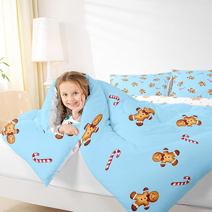 jejeloiu Kids Cute Gingerbread Man Comforter Set Twin Size Christmas Theme Bedding Set for Boys Girls Teens Xmas Candy Cane Happy New Year Duvet Quilt Room Decor