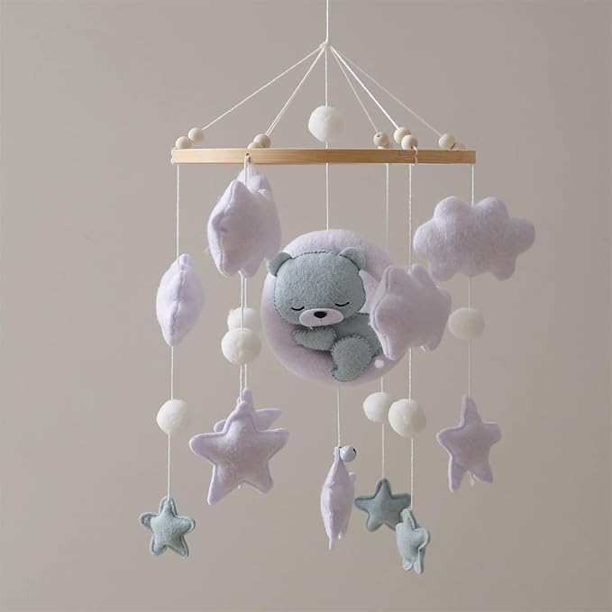 Baby Crib Mobile - Sleeping Bear Mobile for Crib, Felt Cloud Stars Nursery for Boys and Girls, Baby Nursery Hanging Decor (A)