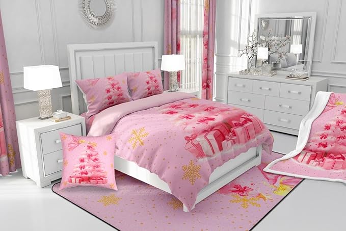 Erosebridal Xmas Tree Twin Bedding Sets Merry Christmas Comforter Sets for Kids Boys Girls Teens Snowflake Decorations Down Comforter Princess Bow Pink Decor Duvet Insert