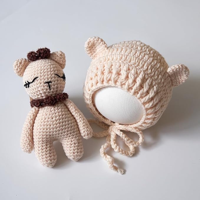 Zeroest Newborn Photography Outfits Boy Girl Bear Props Baby Photoshoot Crochet Bonnet Stuffed Animals for Newborn Photo