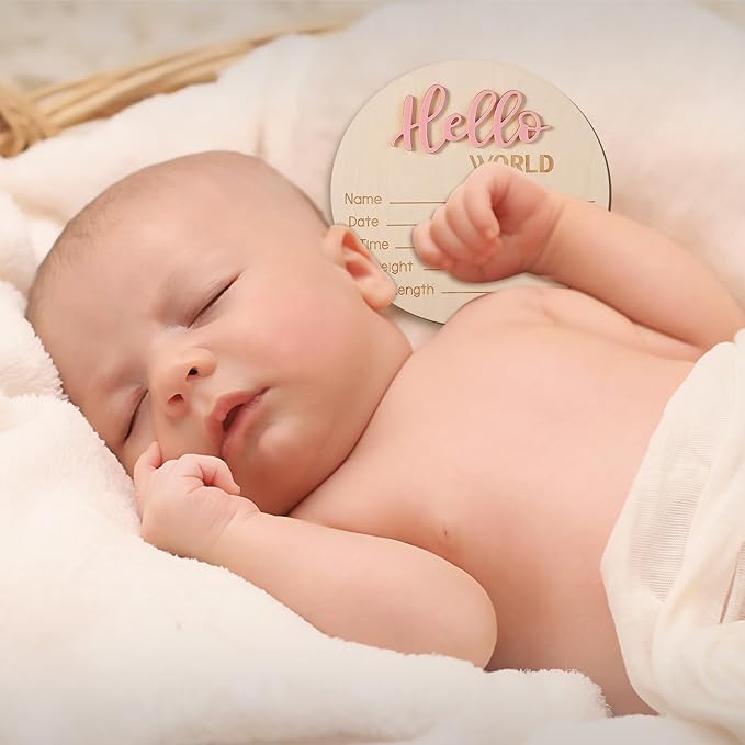 Newborn Announcement Sign, 5.9in Wooden Hello World Baby Welcome Sign Birth Baby Name Plaques for Newborn Boys and Girls Photo Props Shower Hospital Nursery (Light Pink)