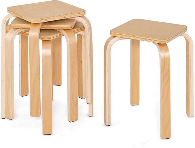 GOFLAME Stackable Wooden Stools Set of 4, Backless Chairs with Square Top, Anti-Slip Felt Mats, Portable Seating for Classroom, Office, Dinning Room, Living Room, Kitchen, Bar Counter, Natural