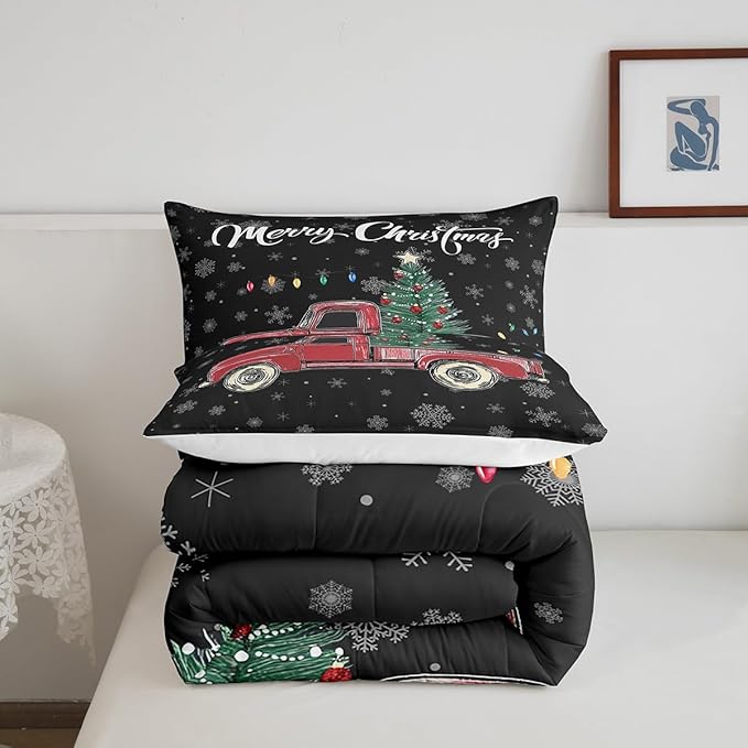 Castle Fairy Merry Christmas Theme Kids Comforter Set Full,Xmas Tree Red Truck Snowflake Watercolor Graffiti Print Bedding Set for Boys Girls Teens Bedrrom Decor,Farmhouse Vintage Rustic Quilt 3 Pcs