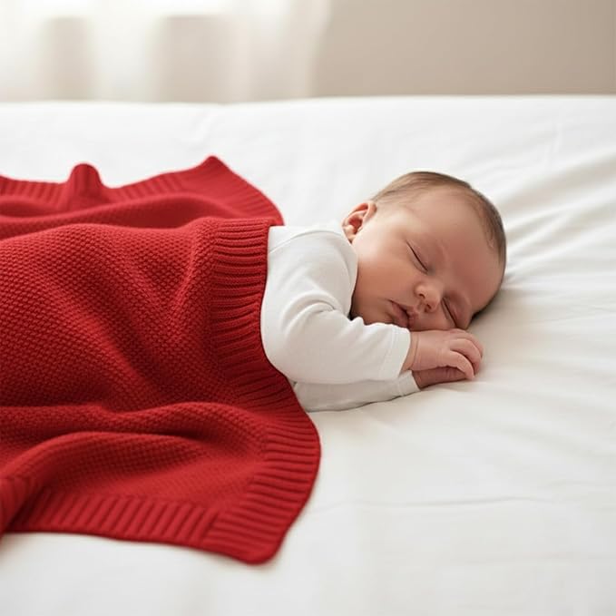 Baby Knit Blanket Soft Cotton Lightweight Newborn Blanket for Crib Stroller Toddler Nursery Shower Gift Cozy Breathable Travel Swaddle Wrap Red 30 x 30 Inches