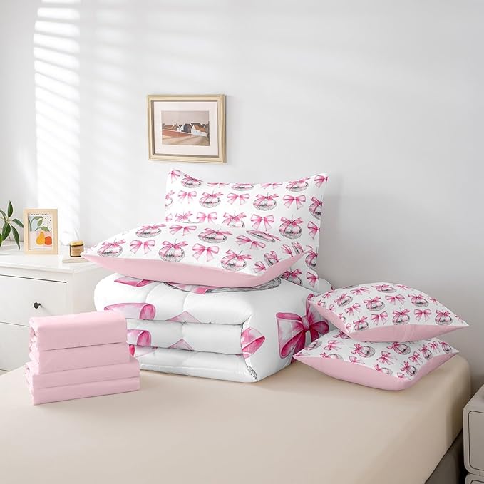 7 Pieces Cartoon Bowknot Kid Comforter Set Twin,Bow Tie Butterfly Knot Princess Bedding Set,Western Cowgirl Disco Ball Retro Pink White（Comforter+Fitted+Flat Sheet+2 Pillowcases+2 Throw Pillow Covers）