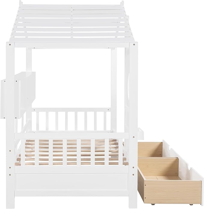 Linique Wooden Twin Size House Bed with 2 Drawers and Storage Shelf,Twin Platform Bed Frame with Pitched Roof,White