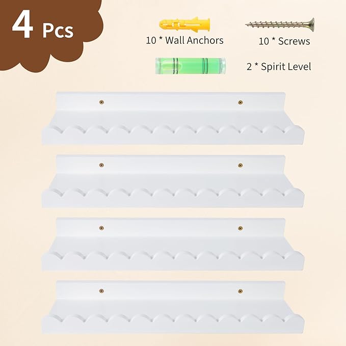 LinTimes Nursery Book Shelves, Set of 4 White Floating Scalloped Shelves for Wall, Rustic Wood Wall Mounted Shelves for Kids Bedroom, Toddler Room, Baby Room Decor, 7.94Lbs Capacity, 16.5 inch