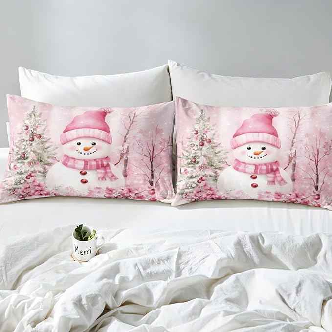 Manfei Christmas Kids Duvet Cover Set Twin Size, Cute Snowman Pink Flower Bedding Set for Boy Girl Room Decor, New Year Xmas Comforter Cover, Lightweight Bedspread Cover, 1 Pillowcase, No Comforter