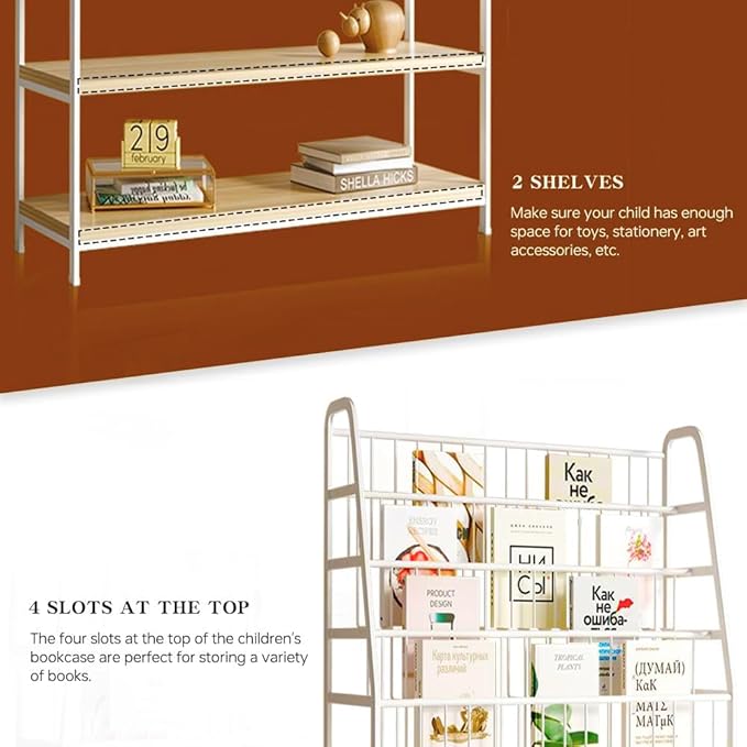 Metal Kids Bookshelf and Toy Storage Organizer,6 Tier Childrens Bookcase,Magazine Rack Floor,Book Shelf for Kids Rooms Classroom Nursery Living Room Office (White, L:39.4")