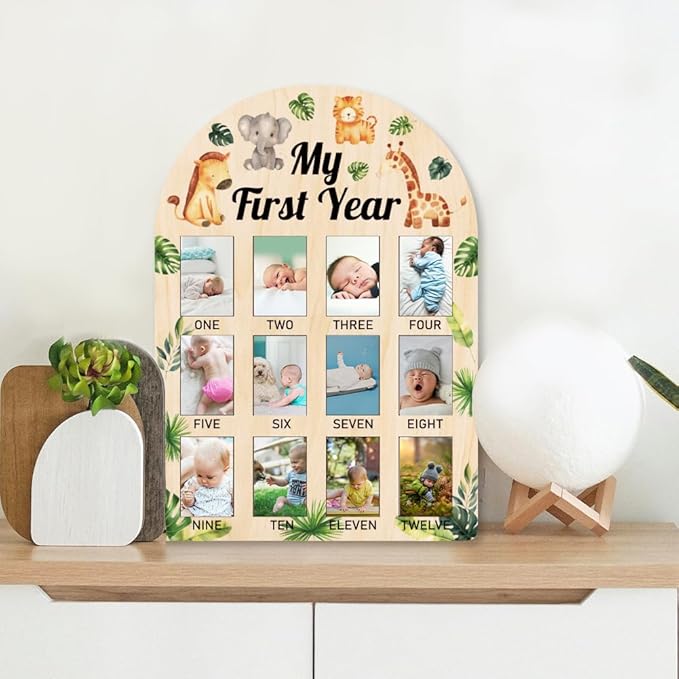 ORIGACH My First Year Baby Growth Photo Display Wood Board - 12 Months Newborn Milestones Picture Frame - Neutral Baby Keepsake Board 1st Birthday Party Nursery Decor New Mom Gift - Jungle Animals