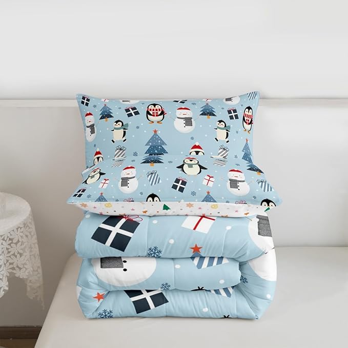 Feelyou Merry Christmas Bedding Set Soft for Boys Girls, Penguin Comforter Set Twin Size Xmas Tree Snowman Duvet Quilt Microfiber Gift Snowflake Bedroom Decor 2 Pcs with 1 Pillow Cases
