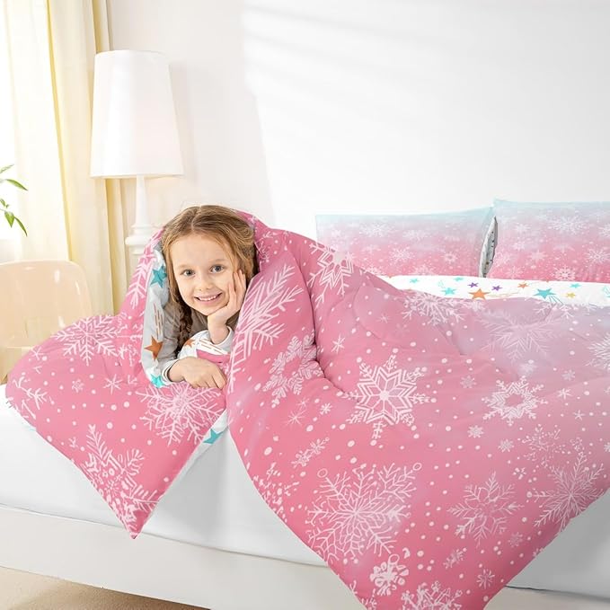 Feelyou Christmas Comforter Set Queen Size Winter Snowflake Bedding Set for Kids Boys Girls Blue Pink Gradient Duvet Quilt Bedroom Decor Microfiber 3 Pcs with 2 Pillow Cases