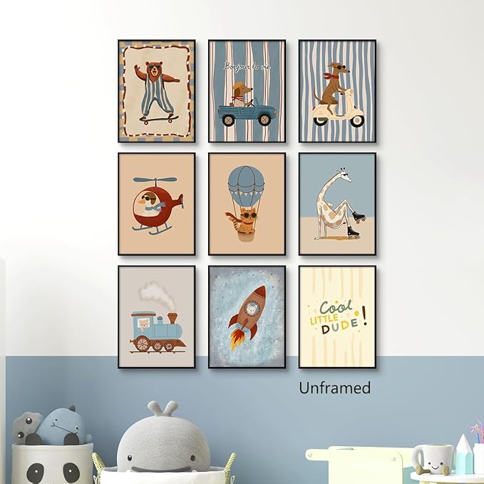 9 Pieces Nursery Animals Canvas Wall Art, Kids Room Cute Bear Dog Cat Giraffe and Bunny Picture, Skateboard Cars Rocket and Hot Air Balloon Poster for Boys Bedroom Playroom 12x16in Unframed