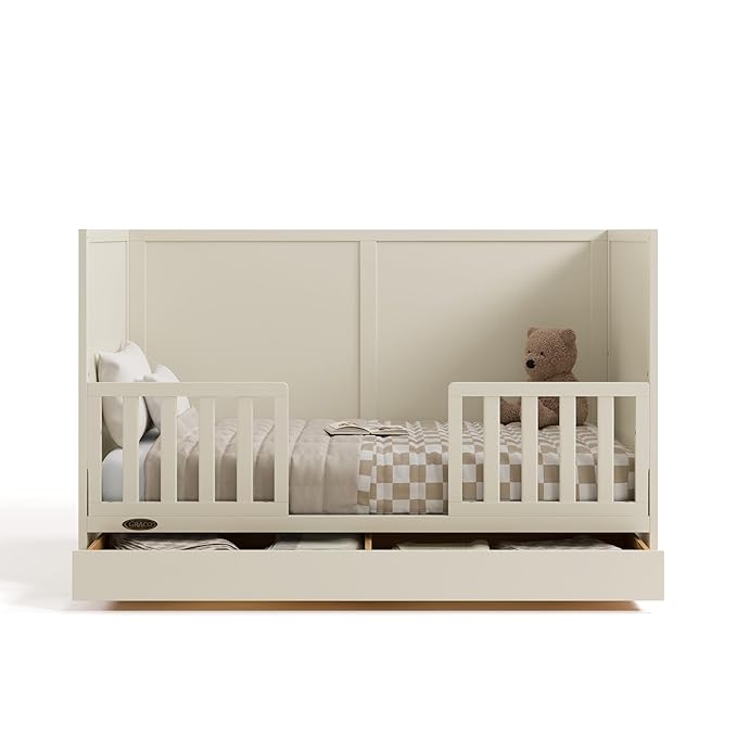 Graco Theo Convertible Crib with Storage Drawer (Frosted Oat) – GREENGUARD Gold Certified Wooden Baby Crib with Drawer, Converts to Toddler Bed, Fits Standard Crib Mattress