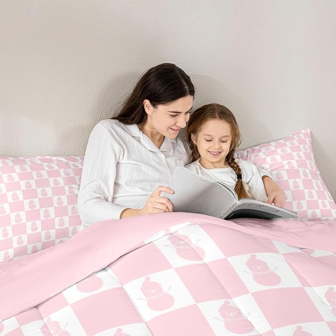 Feelyou Christmas Comforter Set King Size Checkered Bedding Set for Kids Boys Girls Snowman Duvet Quilt Xmas Decorations Bedroom Decor Pink Microfiber 3 Pcs with 2 Pillow Cases Soft Lightweight